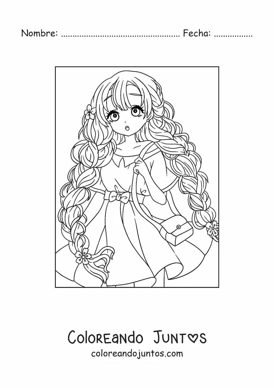 Imagen para colorear de hermosa chica anime con peinado de trenzas