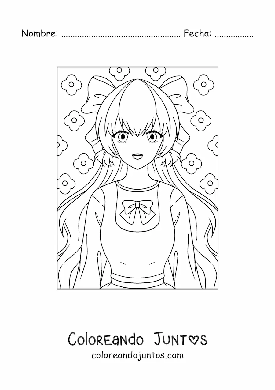 Imagen para colorear de muñeca anime kawaii con lazo
