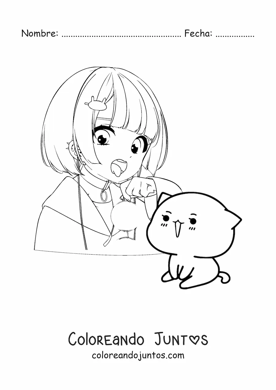 Imagen para colorear de chica anime kawaii con gato