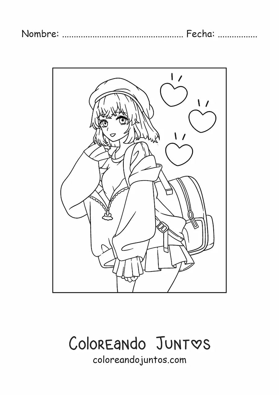 Imagen para colorear de chica anime kawaii con falda y corazones