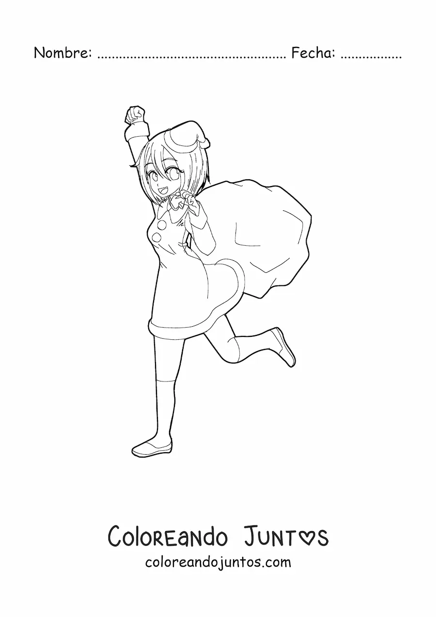 Imagen para colorear de muñeca anime kawaii con traje de Santa Claus