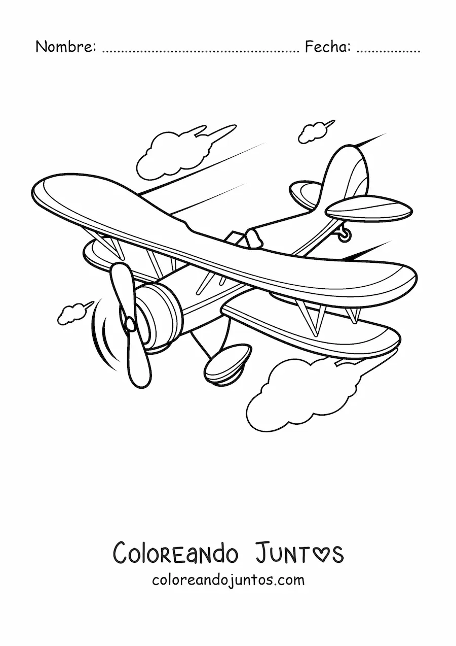 Imagen para colorear de un avión volando con nubes de fondo