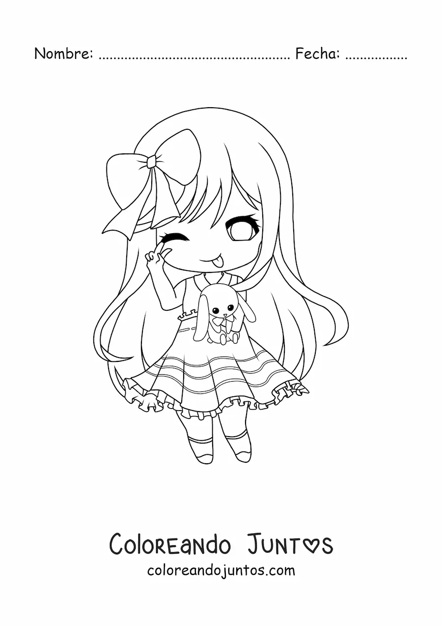 Imagen para colorear de chica kawaii chibi grande con peluche de conejo