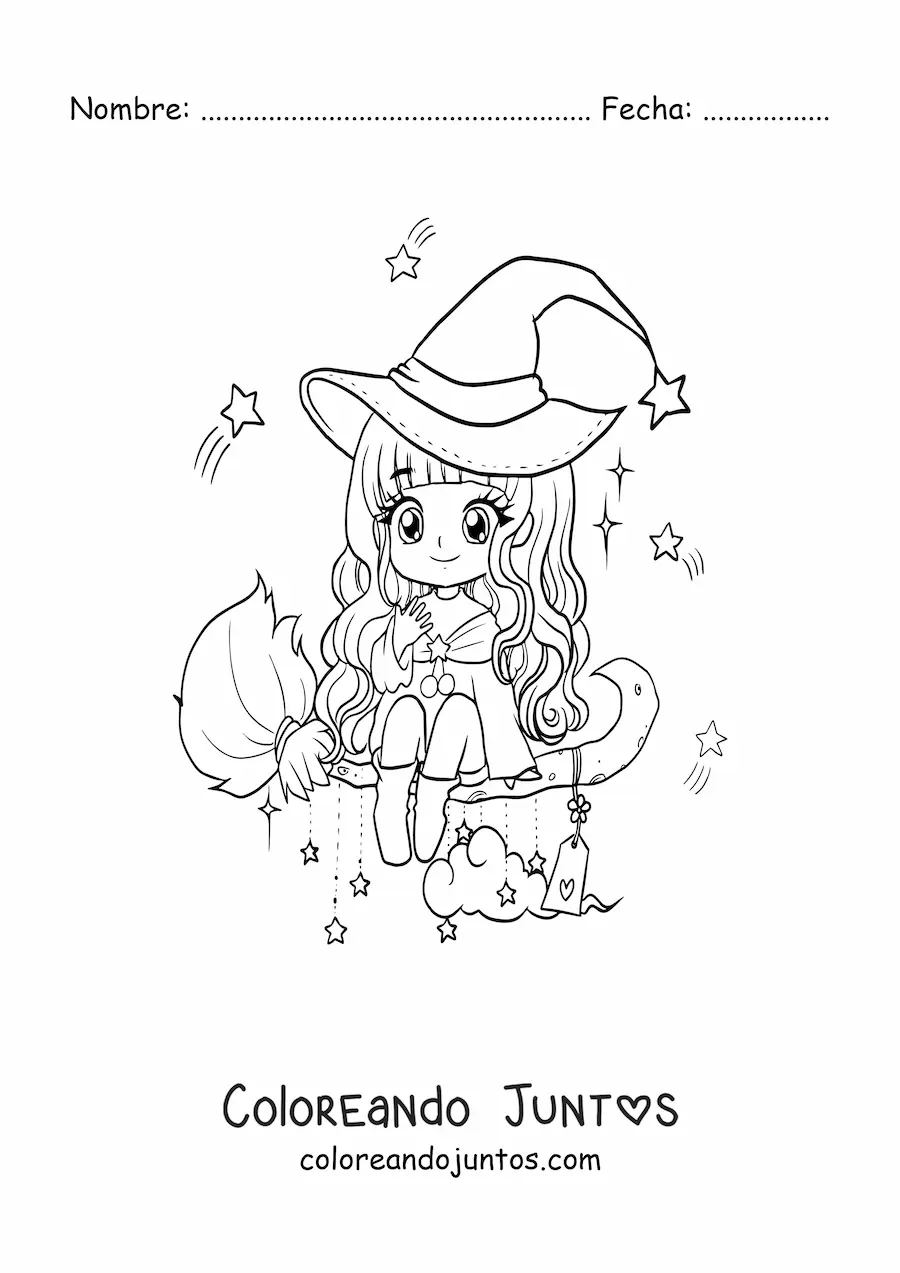 Imagen para colorear de bruja kawaii chibi volando en su escoba
