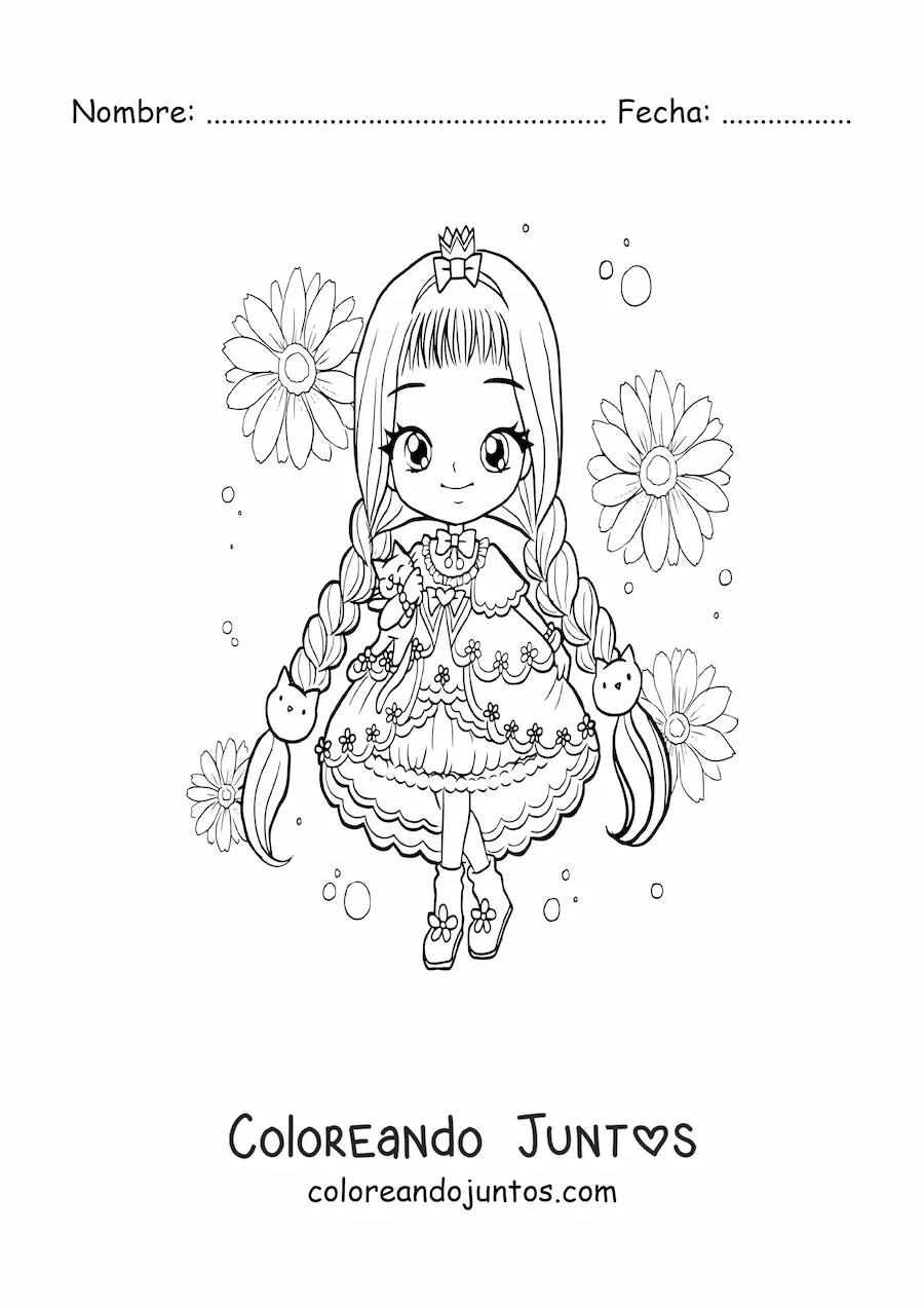 Imagen para colorear de chica kawaii chibi con peinado de trenzas