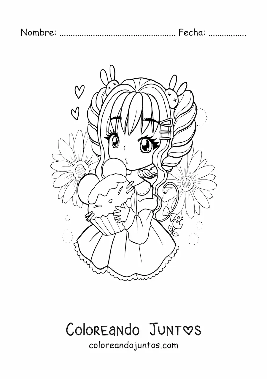 Imagen para colorear de chica kawaii chibi con cupcake
