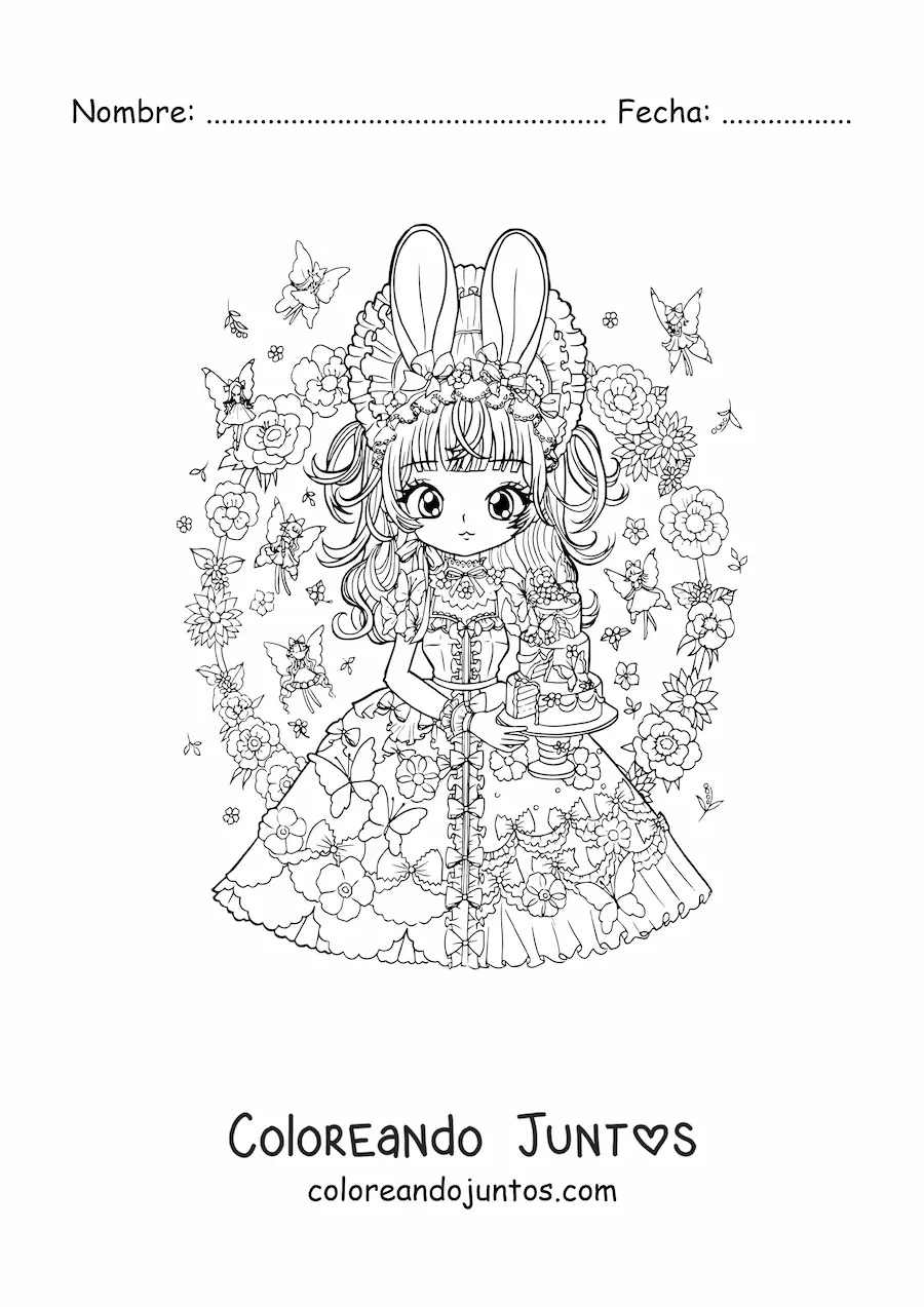 Imagen para colorear de chica anime chibi con orejas de conejo y un pastel