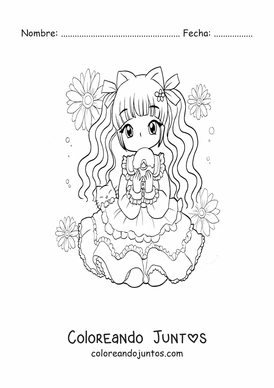 Imagen para colorear de chica anime chibi con un gatito y un cupcake