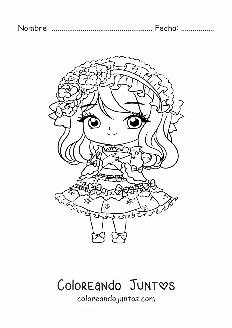Imagen para colorear de chica anime chibi con un vestido y una carta