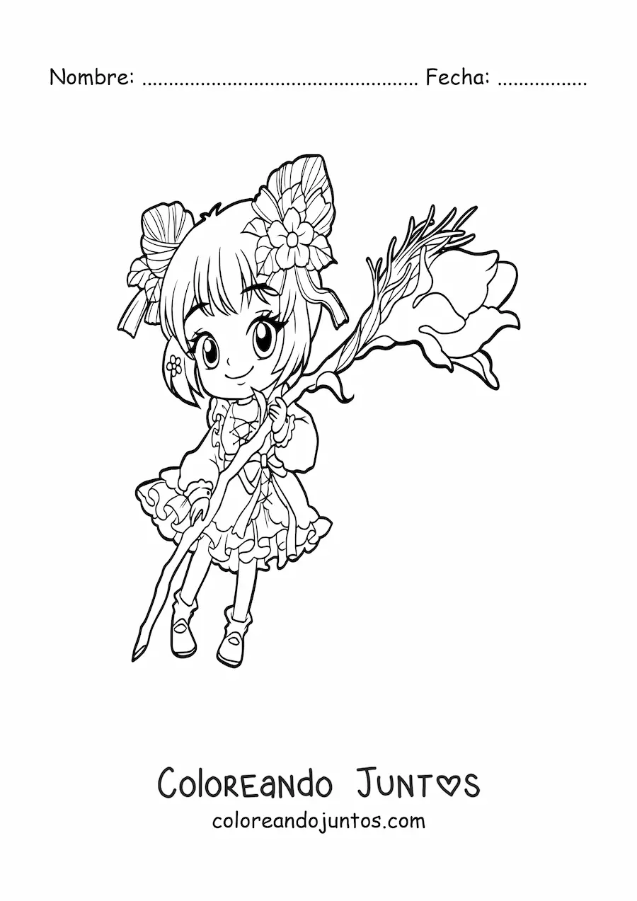 Imagen para colorear de chica anime chibi pequeña con una rosa