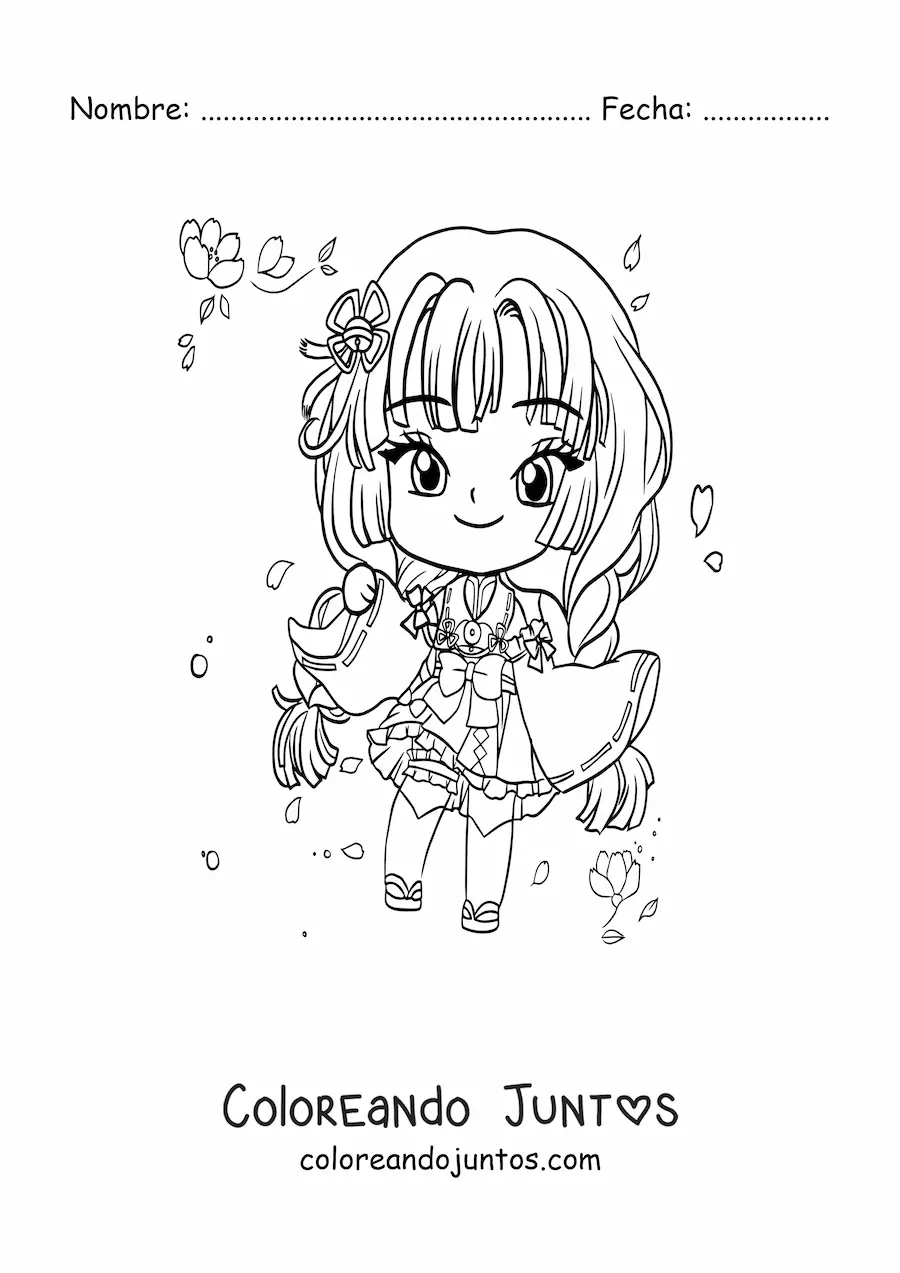 Imagen para colorear de chica anime chibi con vestido japones
