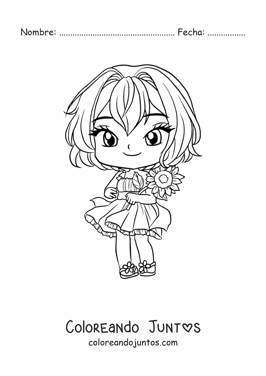 Imagen para colorear de chica anime chibi con lindo vestido y una flor en su mano