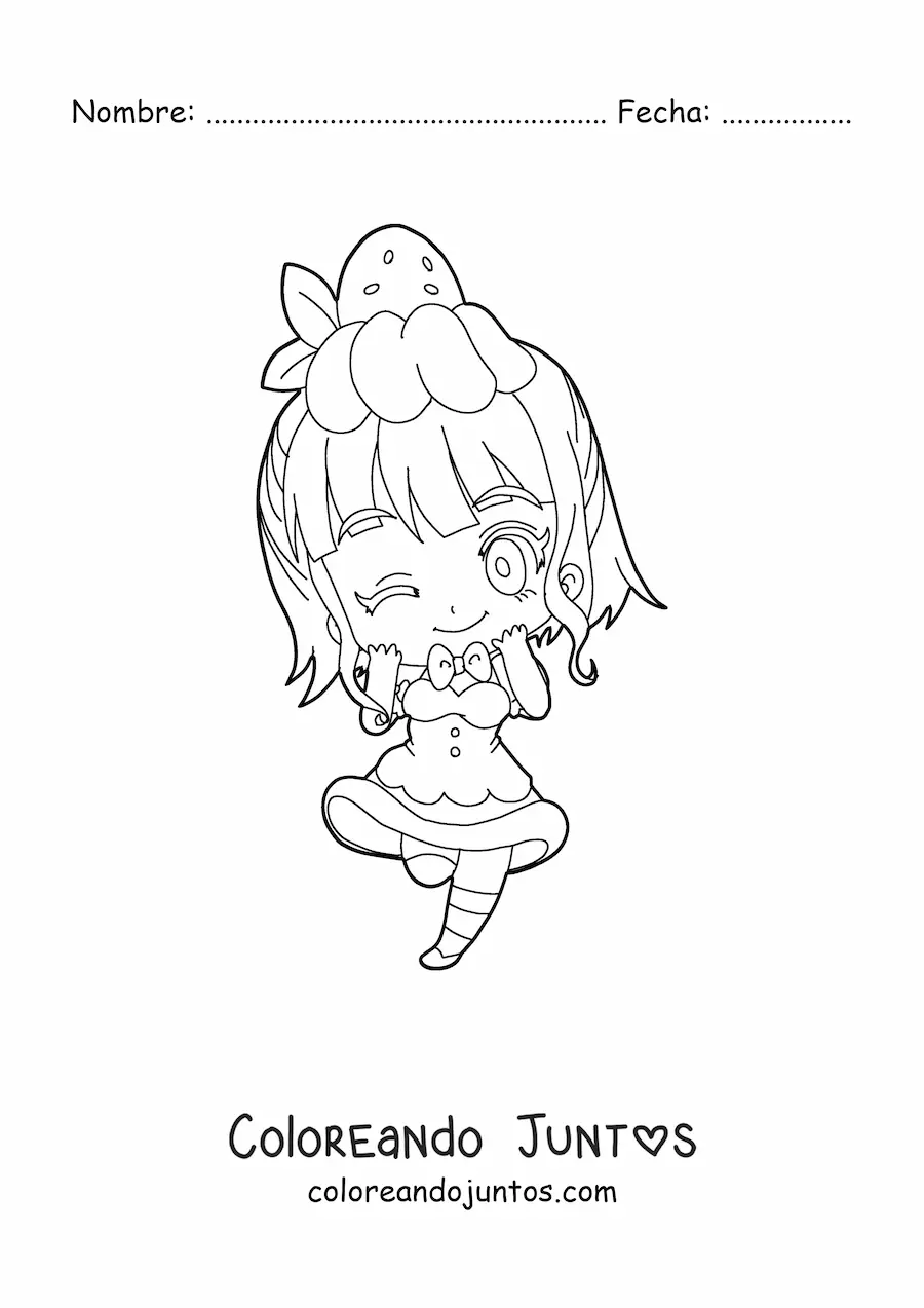 Imagen para colorear de chica chibi con vestido de postre de fresa