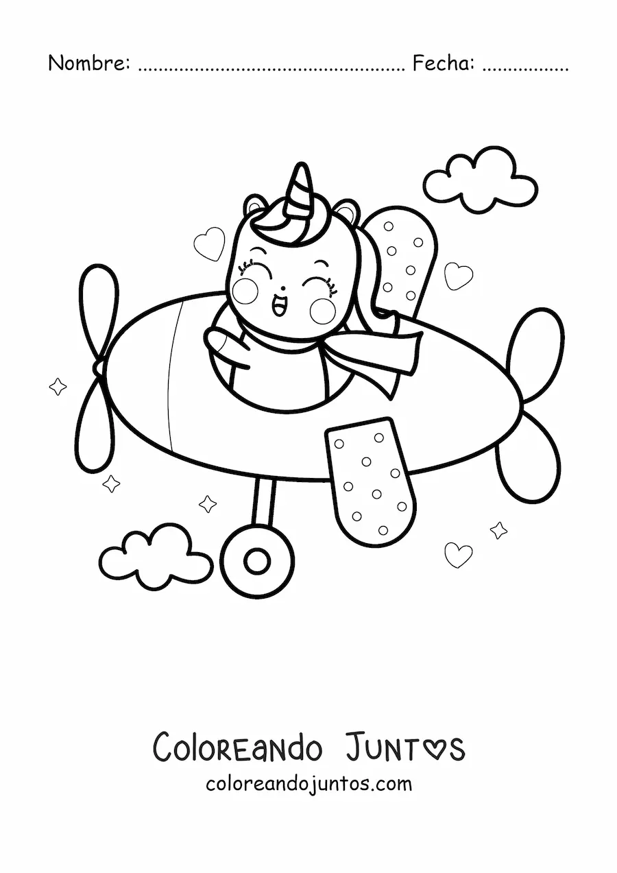 Imagen para colorear de un unicornio kawaii volando un avión con nubes y corazones de fondo