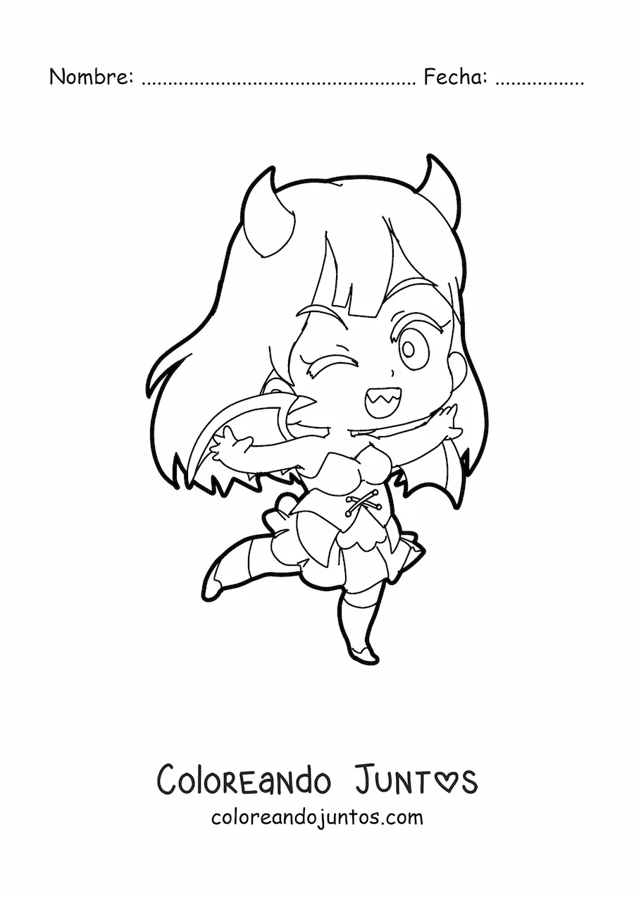 Imagen para colorear de chica chibi con disfraz de demonio de Halloween