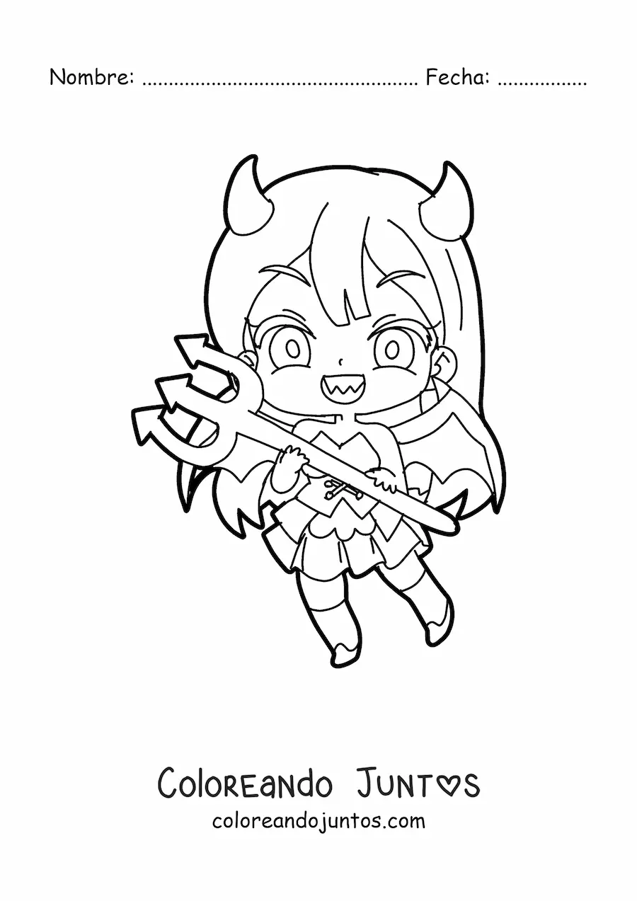 Imagen para colorear de chica chibi con disfraz de diablo y un tridente