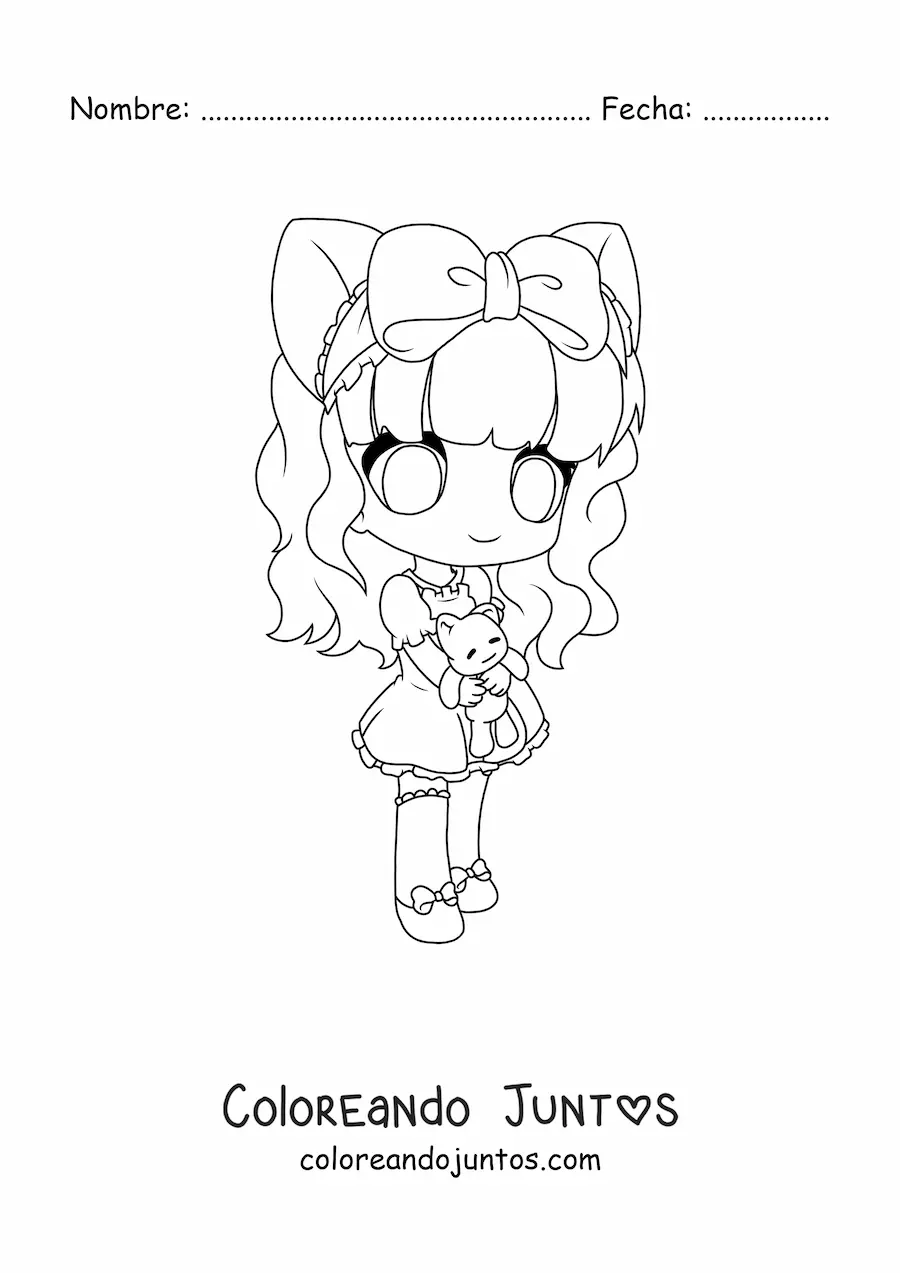 Imagen para colorear de chica chibi con orejas de neko y un peluche de oso