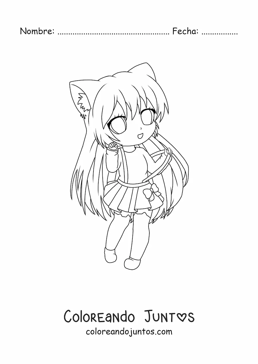 Imagen para colorear de chica chibi con orejas de neko y una falda