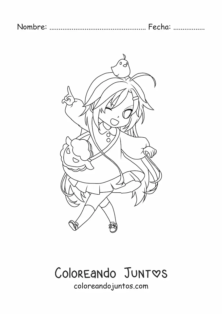 Imagen para colorear de chica chibi con hermoso vestido y un pollito