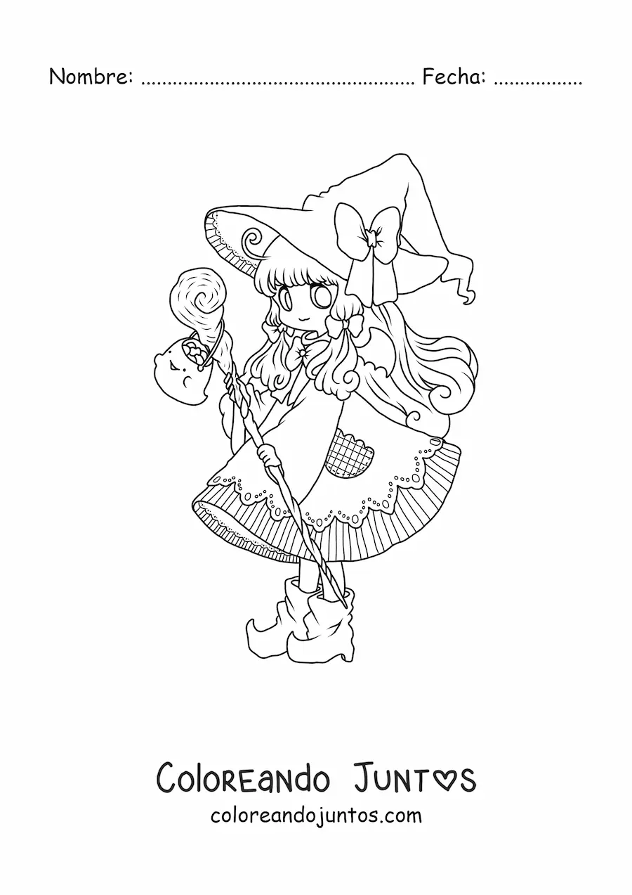 Imagen para colorear de chica chibi con disfraz de bruja en Halloween