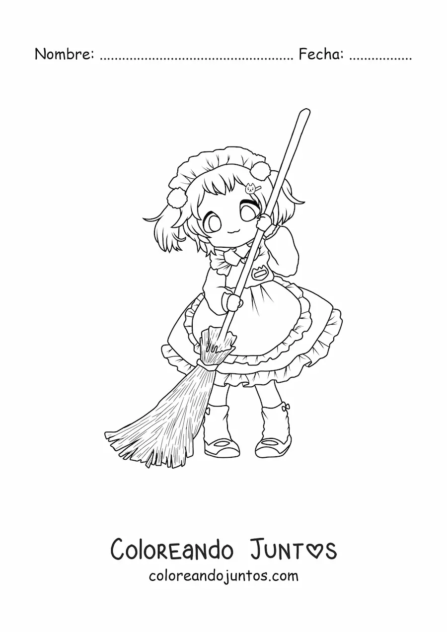 Imagen para colorear de chica chibi barriendo