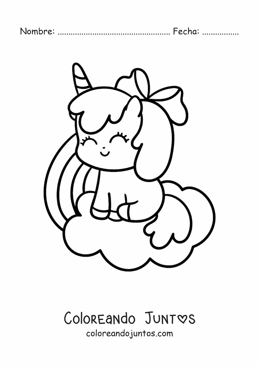 Imagen para colorear de unicornio kawaii animado sentado en una nube con arcoíris