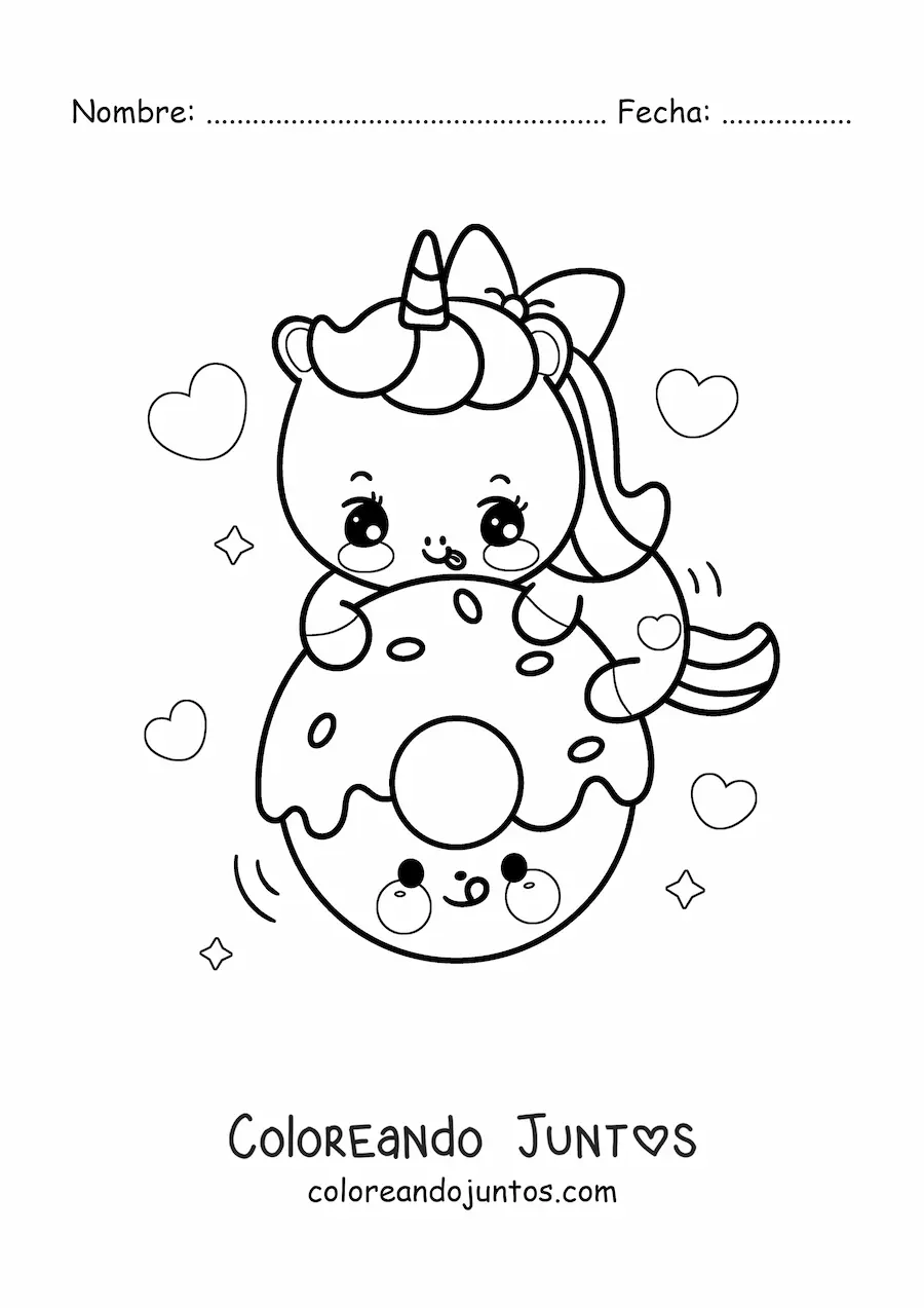 Imagen para colorear de unicornio kawaii con dona animada