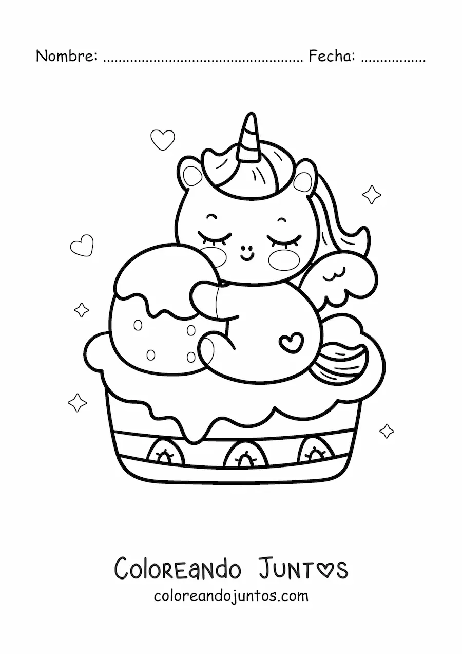 Imagen para colorear de unicornio kawaii animado sentado en un pastel de fresa