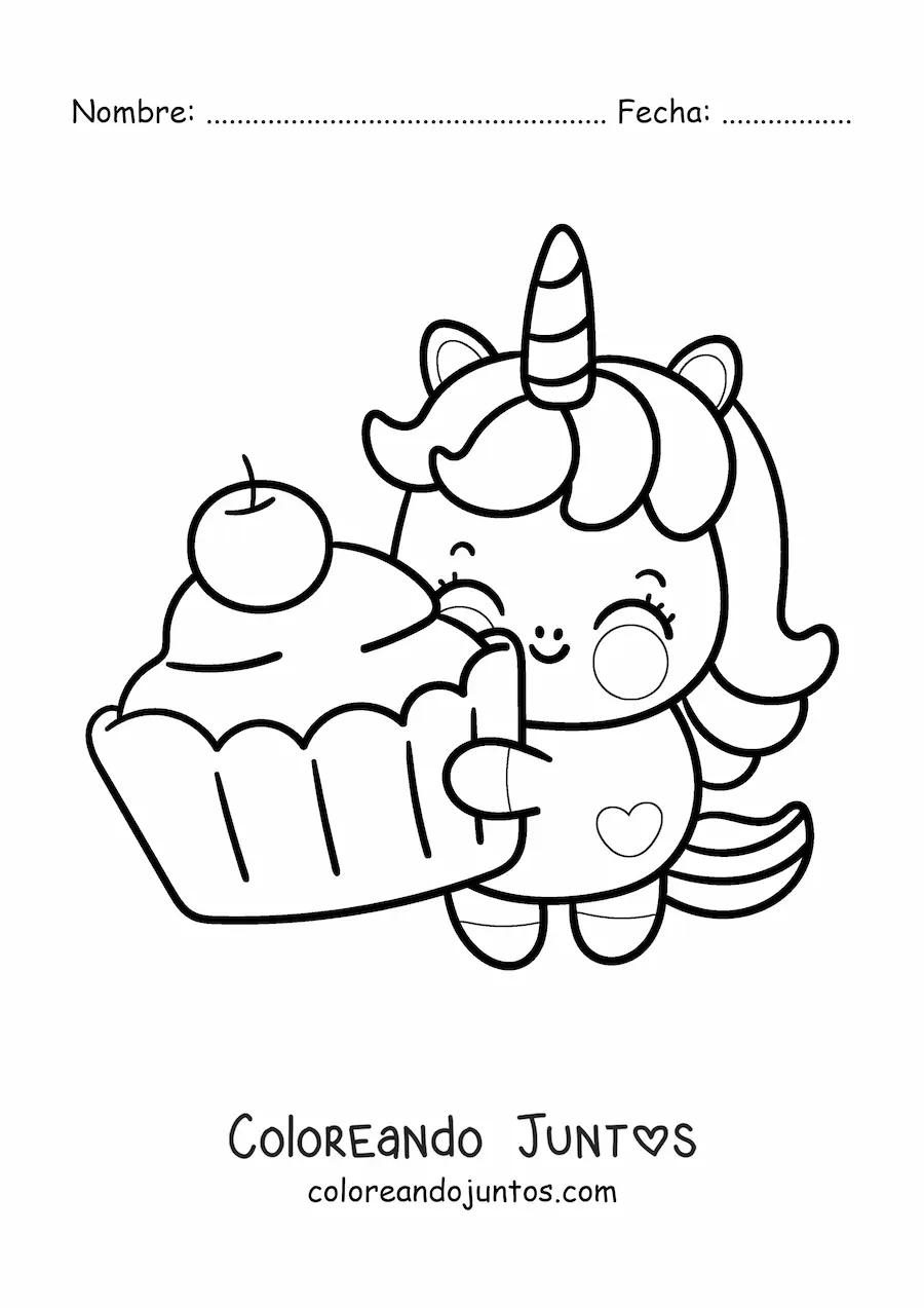 Imagen para colorear de unicornio kawaii animado con cupcake gigante