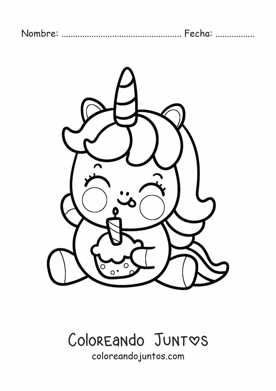 Imagen para colorear de unicornio tierno animado con un cupcake de cumpleaños