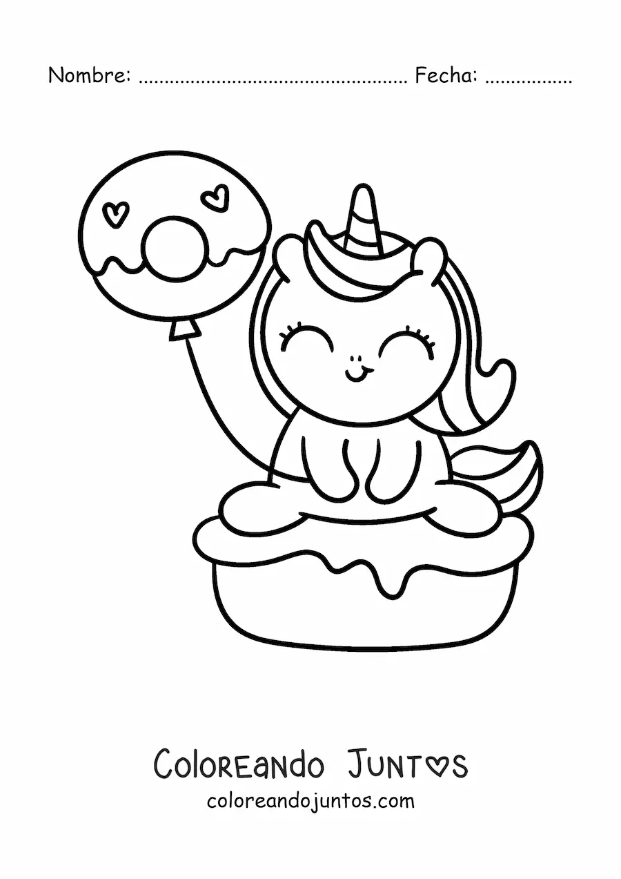 Imagen para colorear de unicornio tierno animado sobre un pastel con un globo de dona