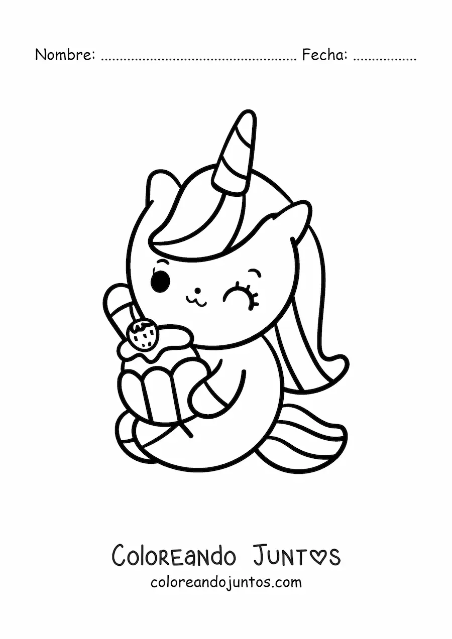 Imagen para colorear de unicornio tierno animado sentado comiendo un cupcake