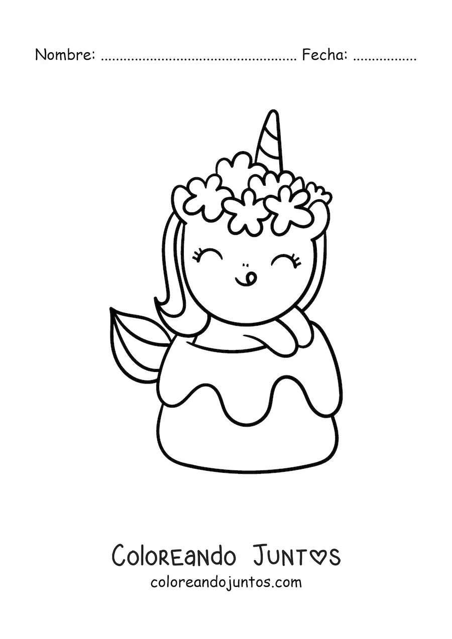 Imagen para colorear de unicornio kawaii fácil con un dulce gigante