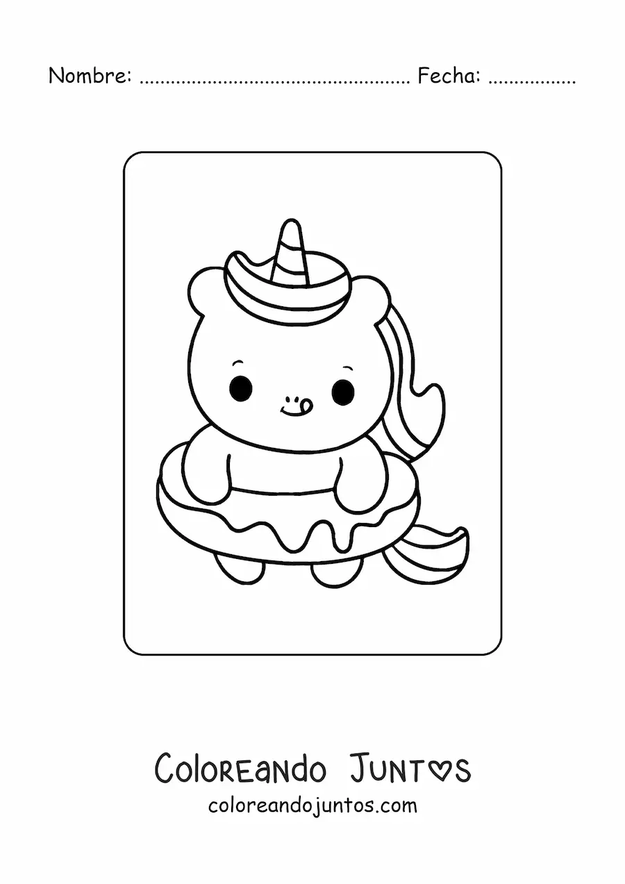 Imagen para colorear de unicornio bebé fácil con una dona gigante