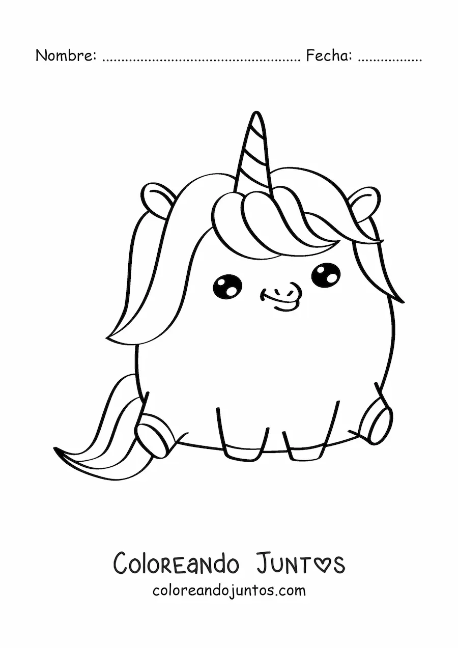 Imagen para colorear de unicornio kawaii grande fácil sentado