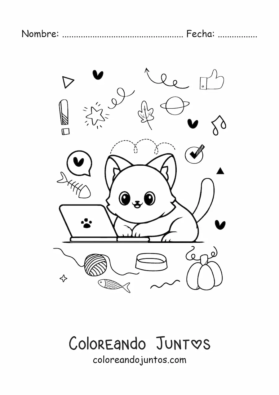 Imagen para colorear de gato kawaii en una laptop