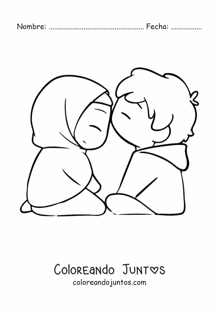 Imagen para colorear de pareja kawaii con chica con hijab