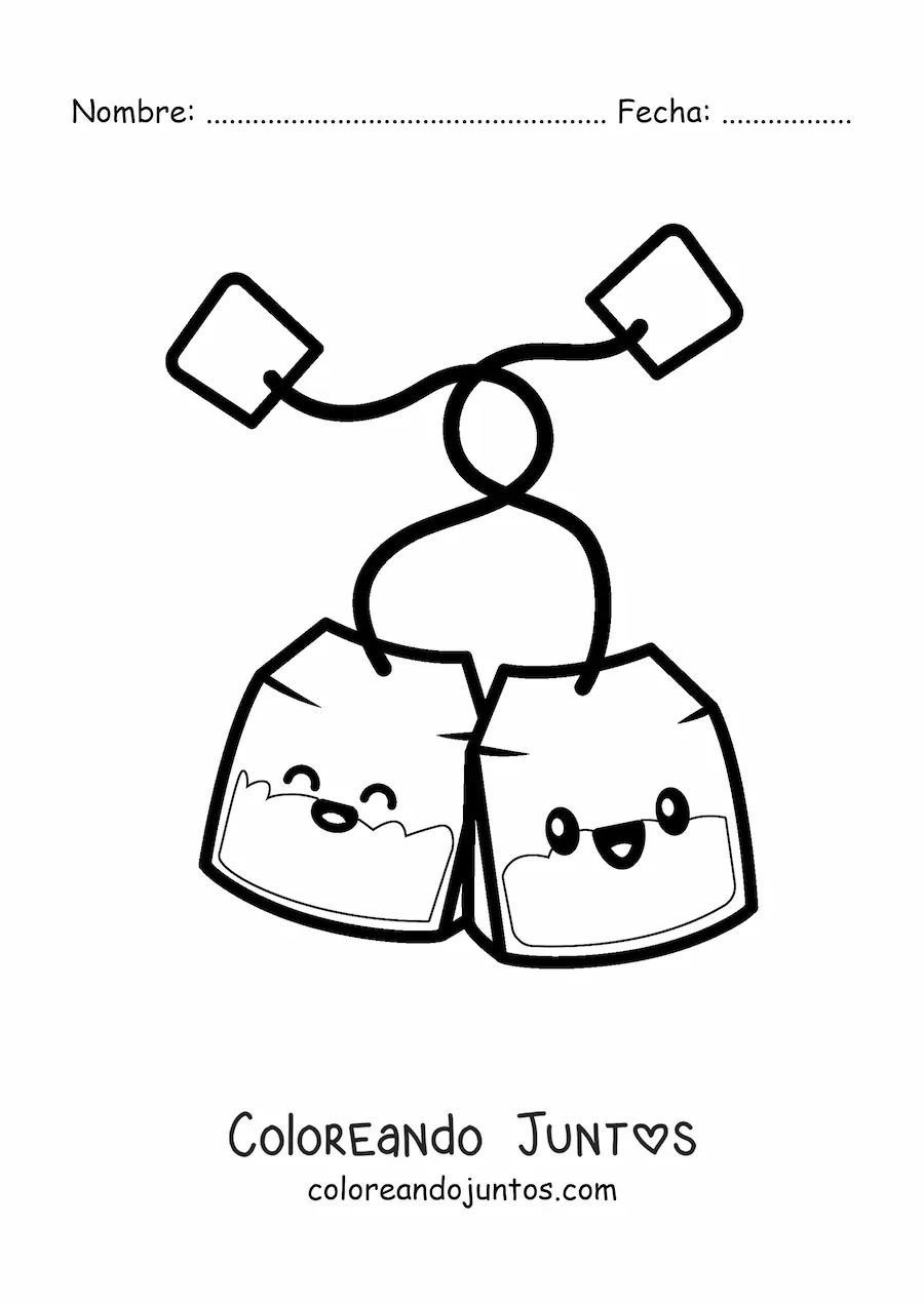 Imagen para colorear de pareja de bolsas de té kawaii