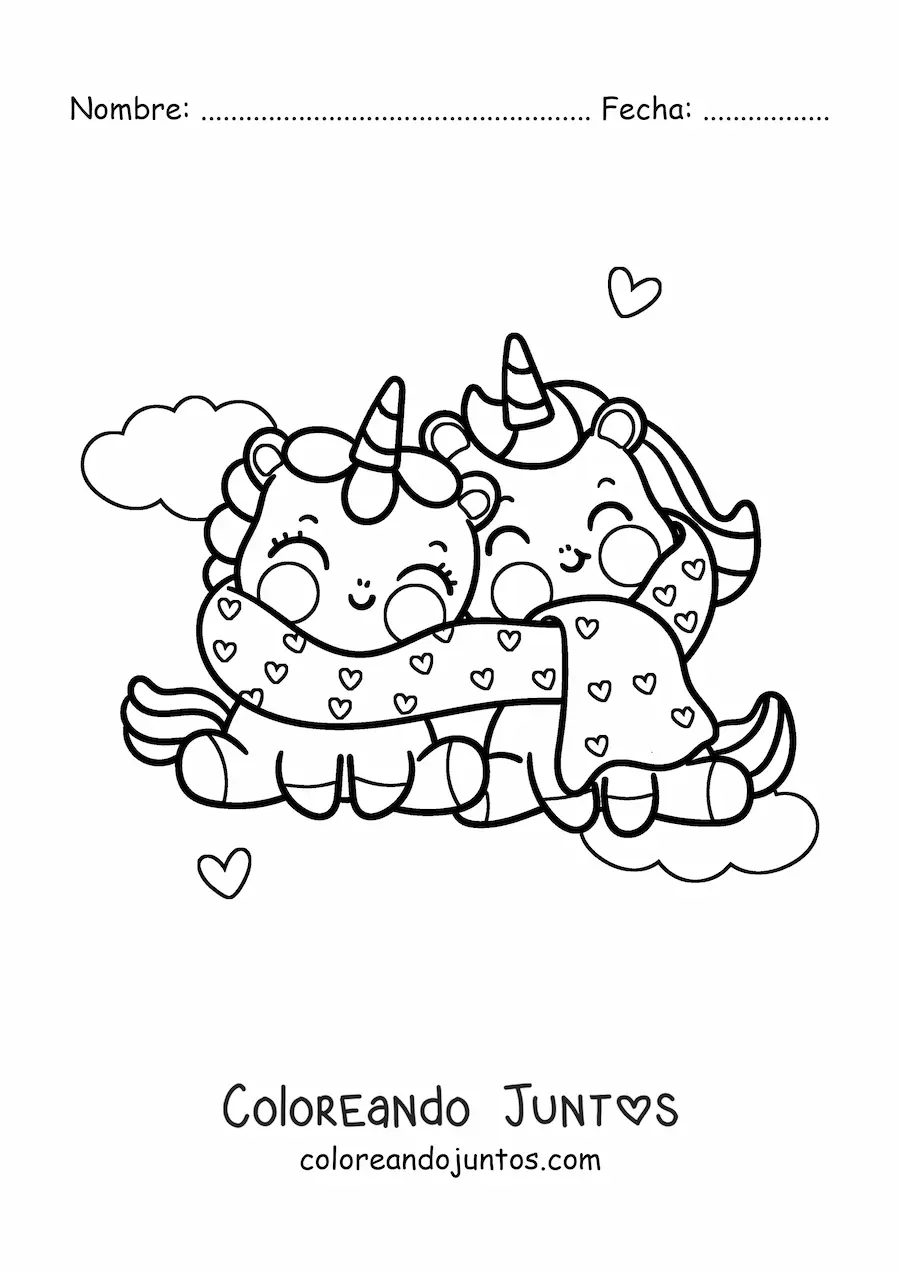 Imagen para colorear de unicornios kawaii enamorados