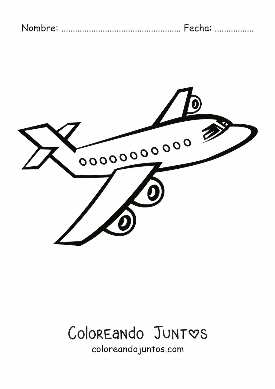 Imagen para colorear de un avión comercial volando de lado
