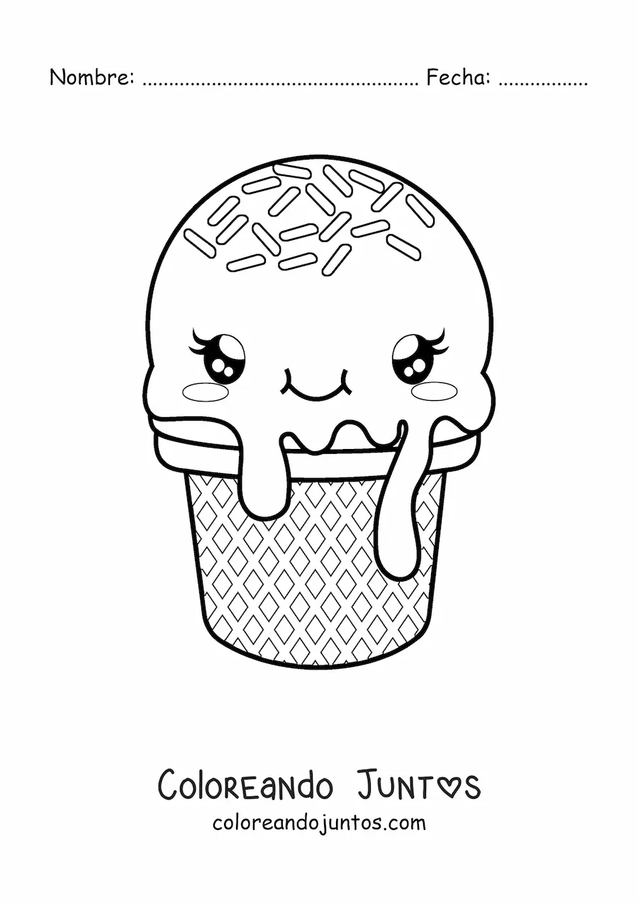 Imagen para colorear de lindo cono de helado kawaii animado