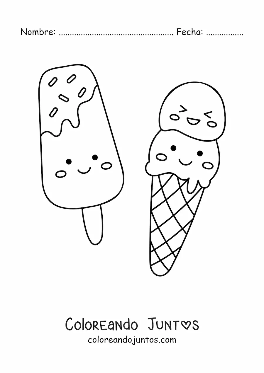 Imagen para colorear de paleta y barquilla kawaii de dos porciones