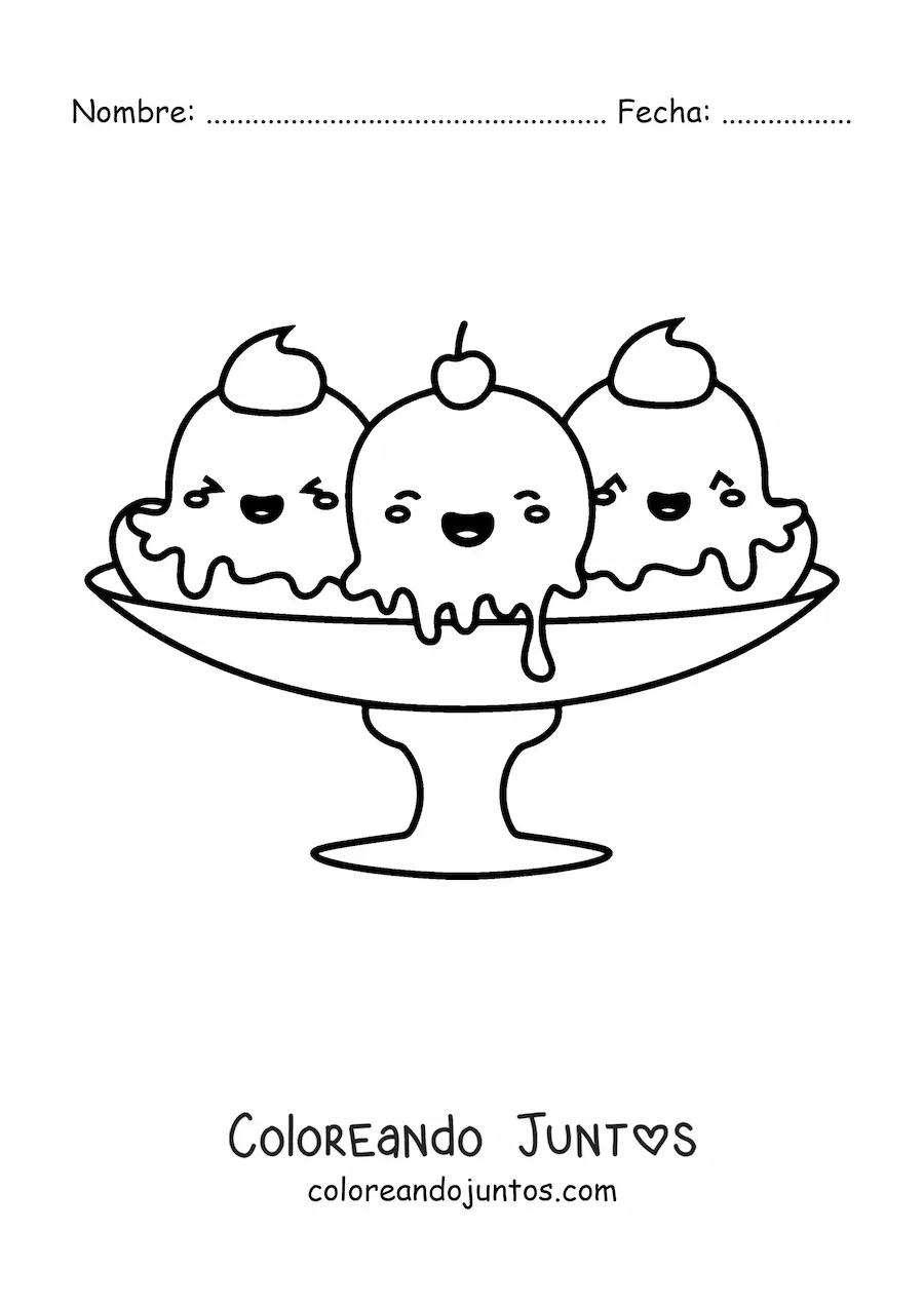 Imagen para colorear de copa con helado banana split kawaii