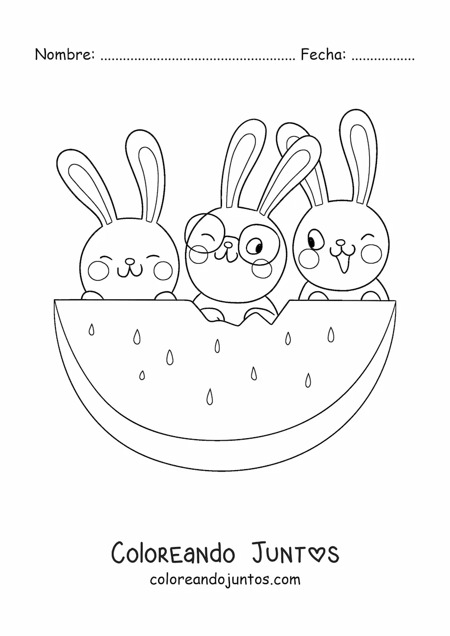 Imagen para colorear de 3 conejos kawaii animados comiendo sandía