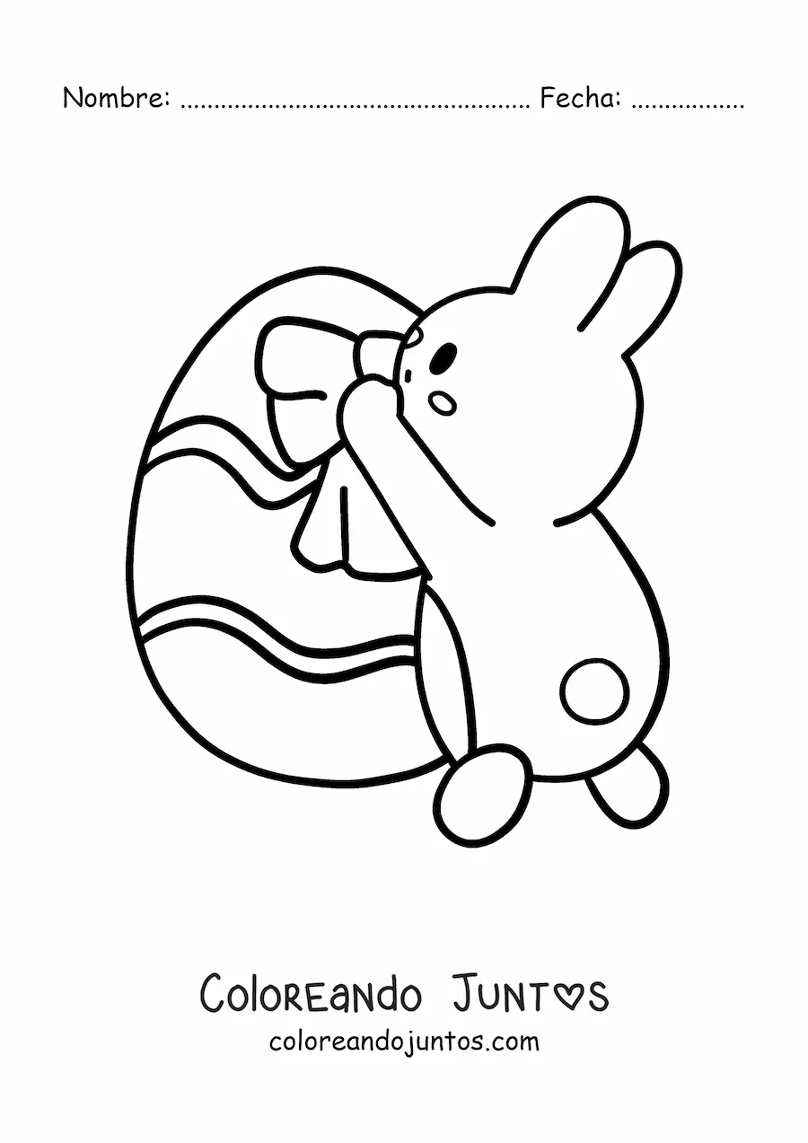 Imagen para colorear de conejito de Pascua kawaii decorando un huevo