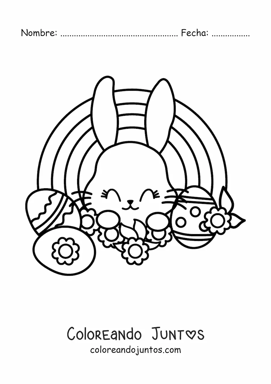 Imagen para colorear de conejito kawaii con huevos de Pascua y un arcoíris