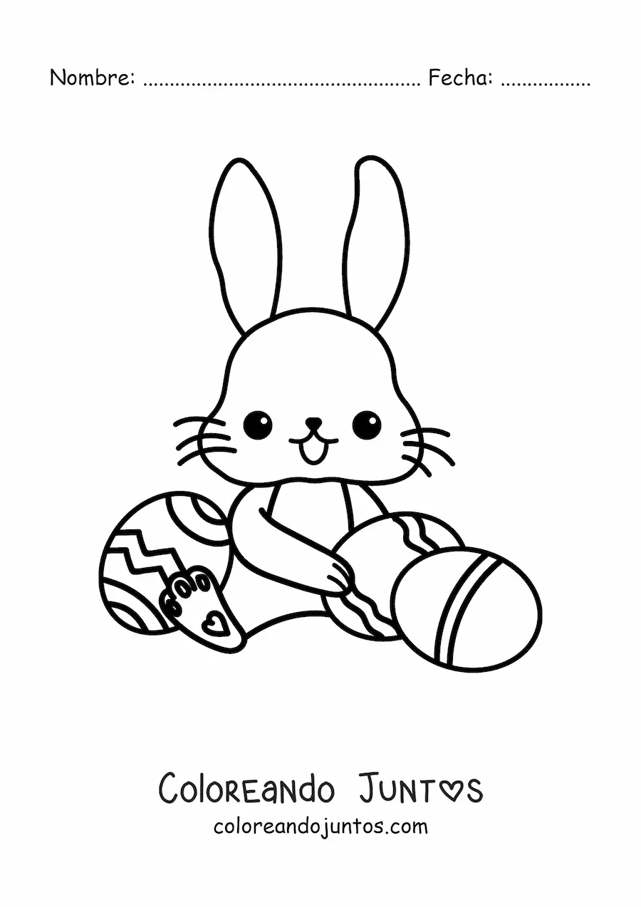 Imagen para colorear de conejito kawaii sentado con huevos de Pascua