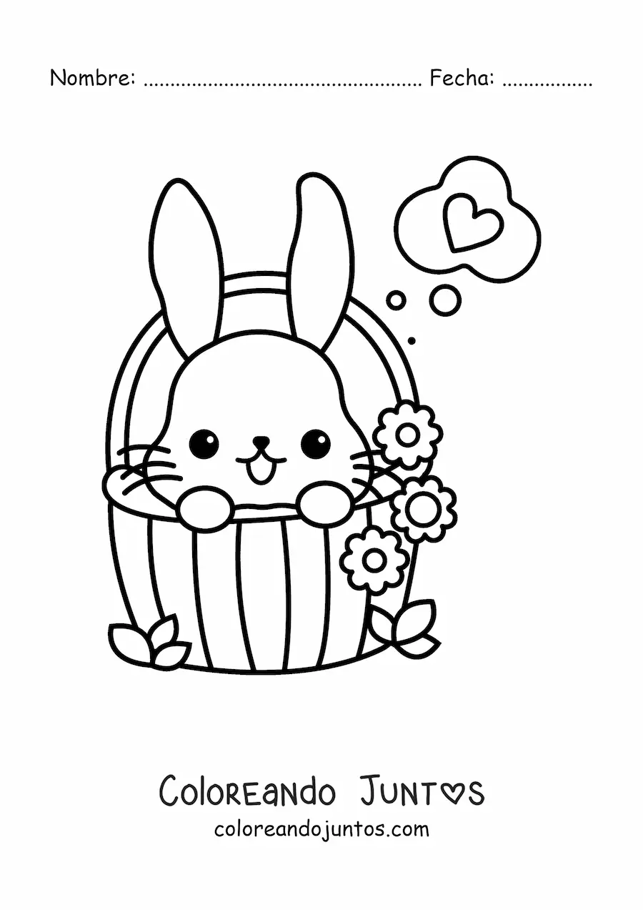 Imagen para colorear de conejito kawaii en una canasta de flores