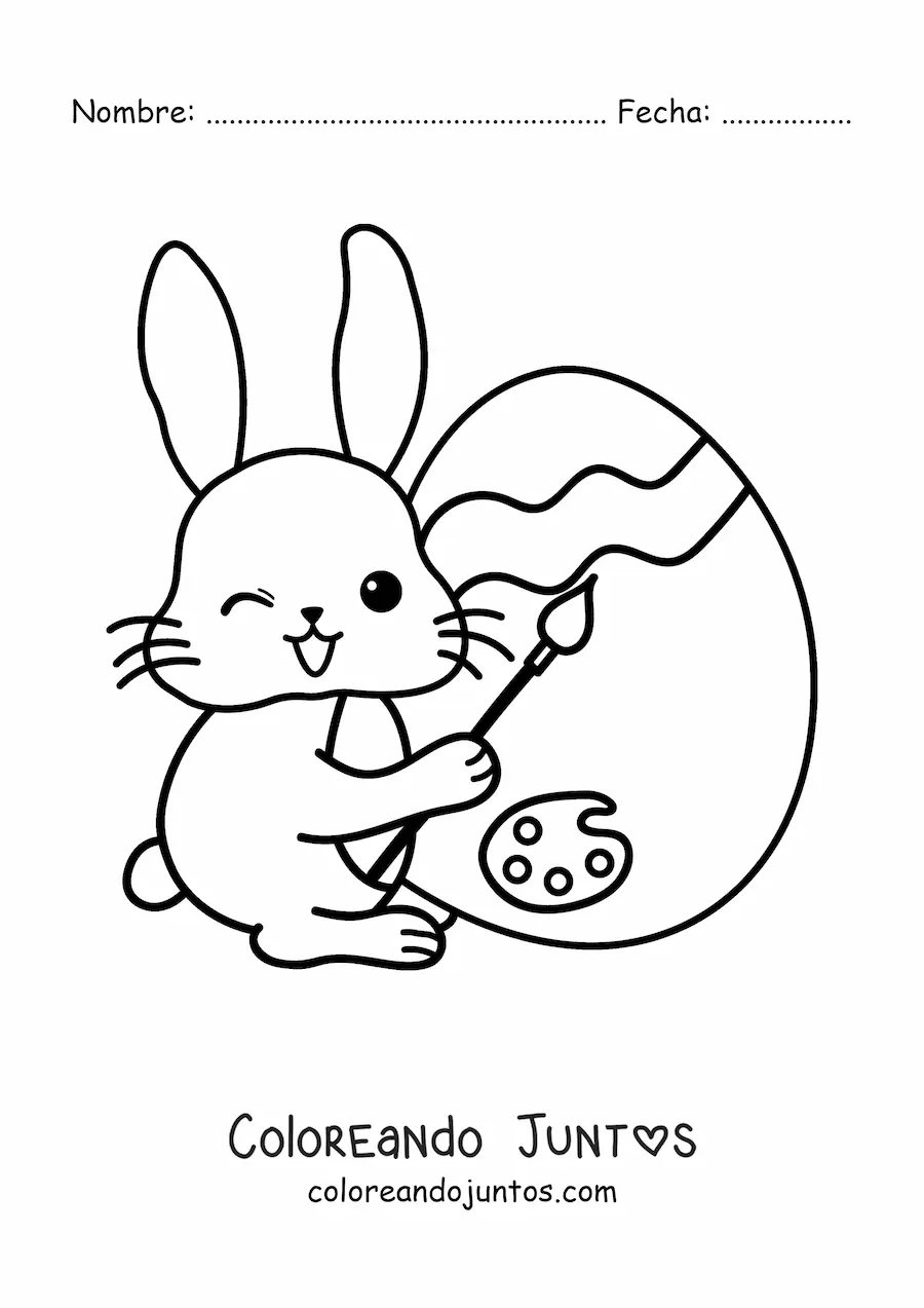 Imagen para colorear de conejito kawaii pintando un huevo de Pascua