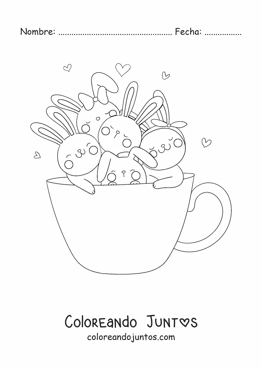 Imagen para colorear de conejos kawaii animados en una taza